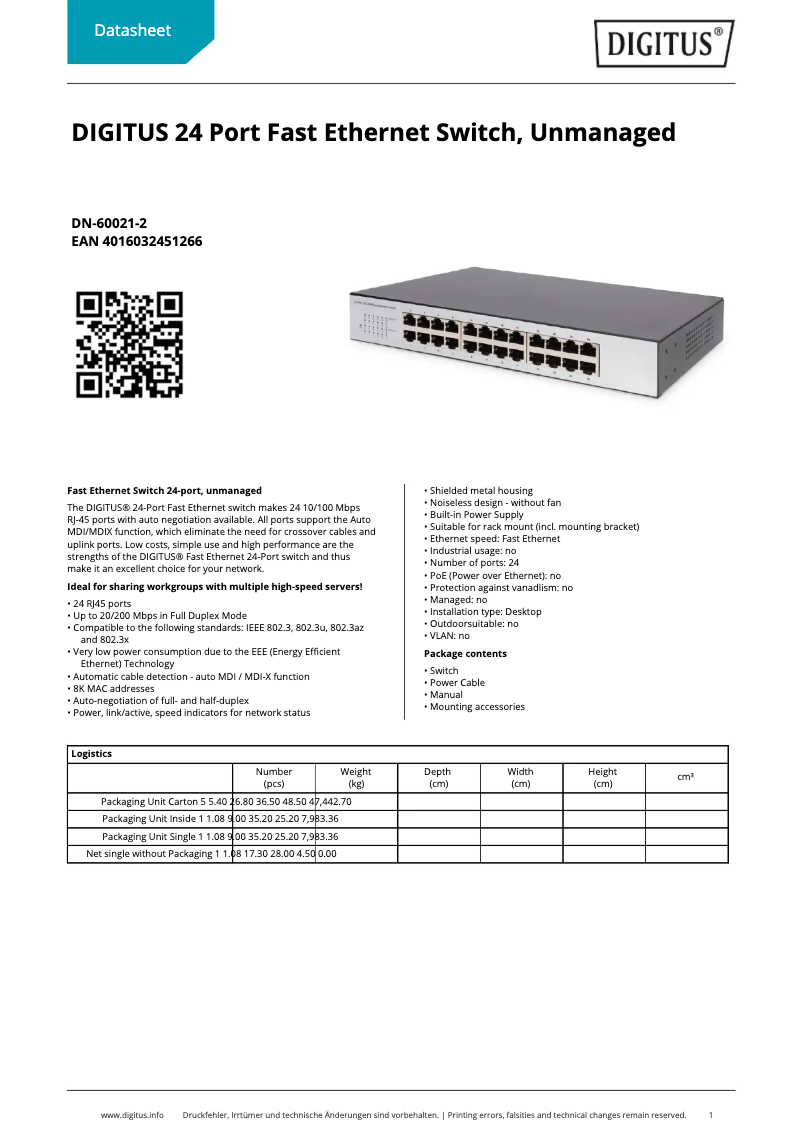 Page n°1 - Fiche technique Digitus DN-60021-2
