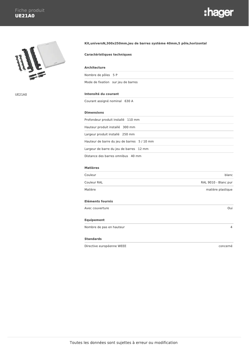 Page 1 de la notice Manuel utilisateur Hager UE21A0