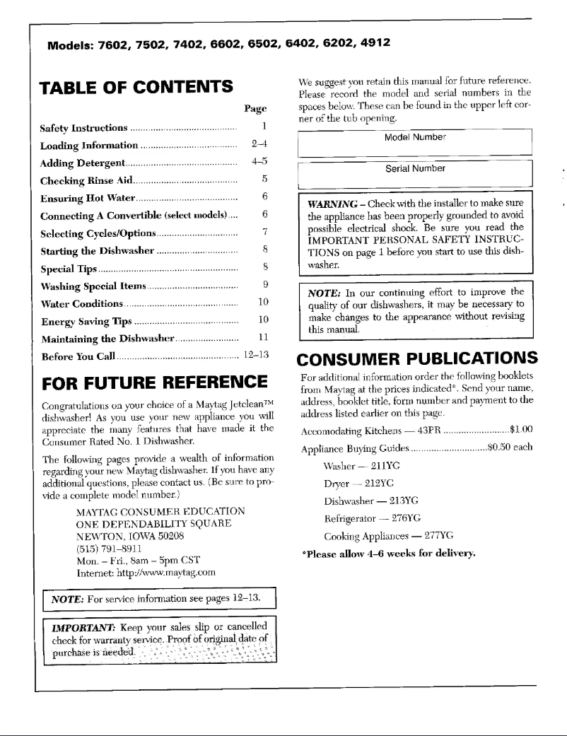 Page n°1 - Manuel utilisateur Maytag 6202