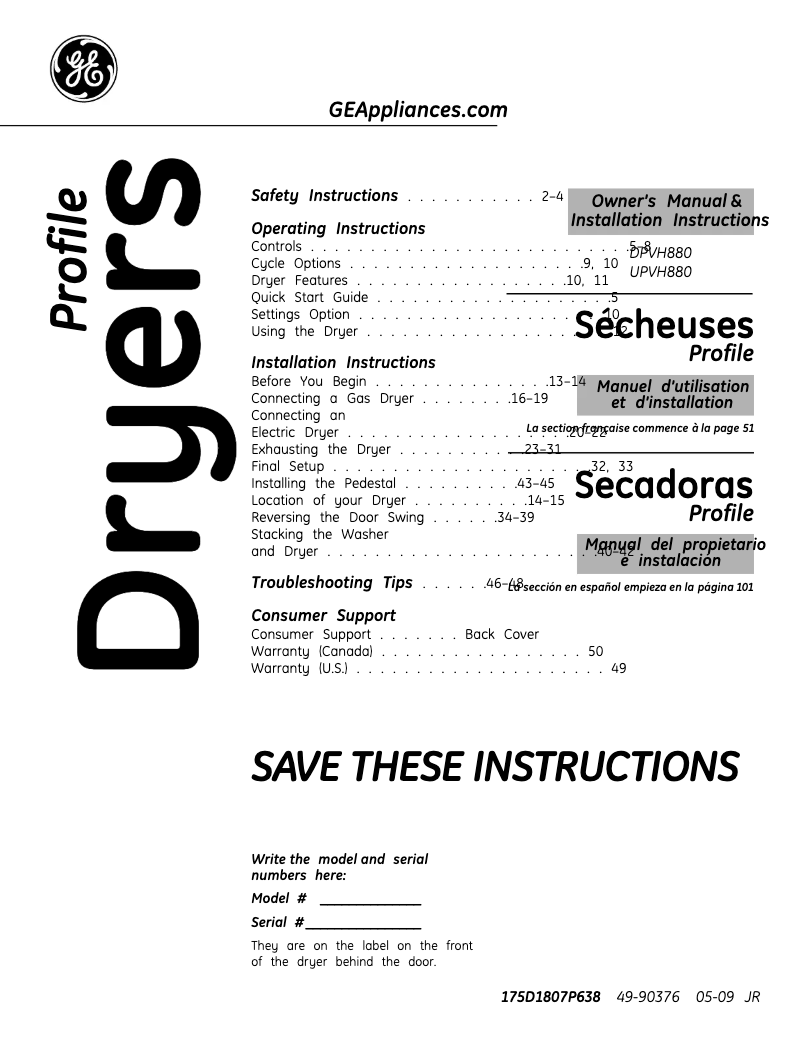 Page 1 de la notice Guide d'installation GE Profile DPVH880EJWW