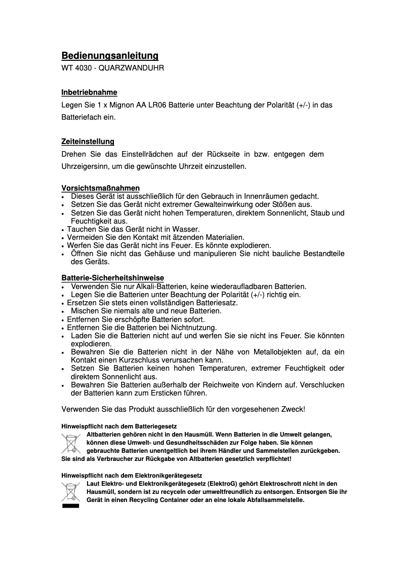 Page n°1 - Manuel utilisateur Techno Line WT 4030