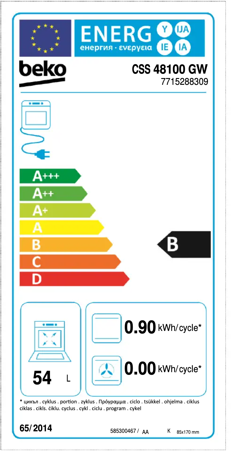 Page 1 de la notice Label énergétique Beko CSS 48100 GW