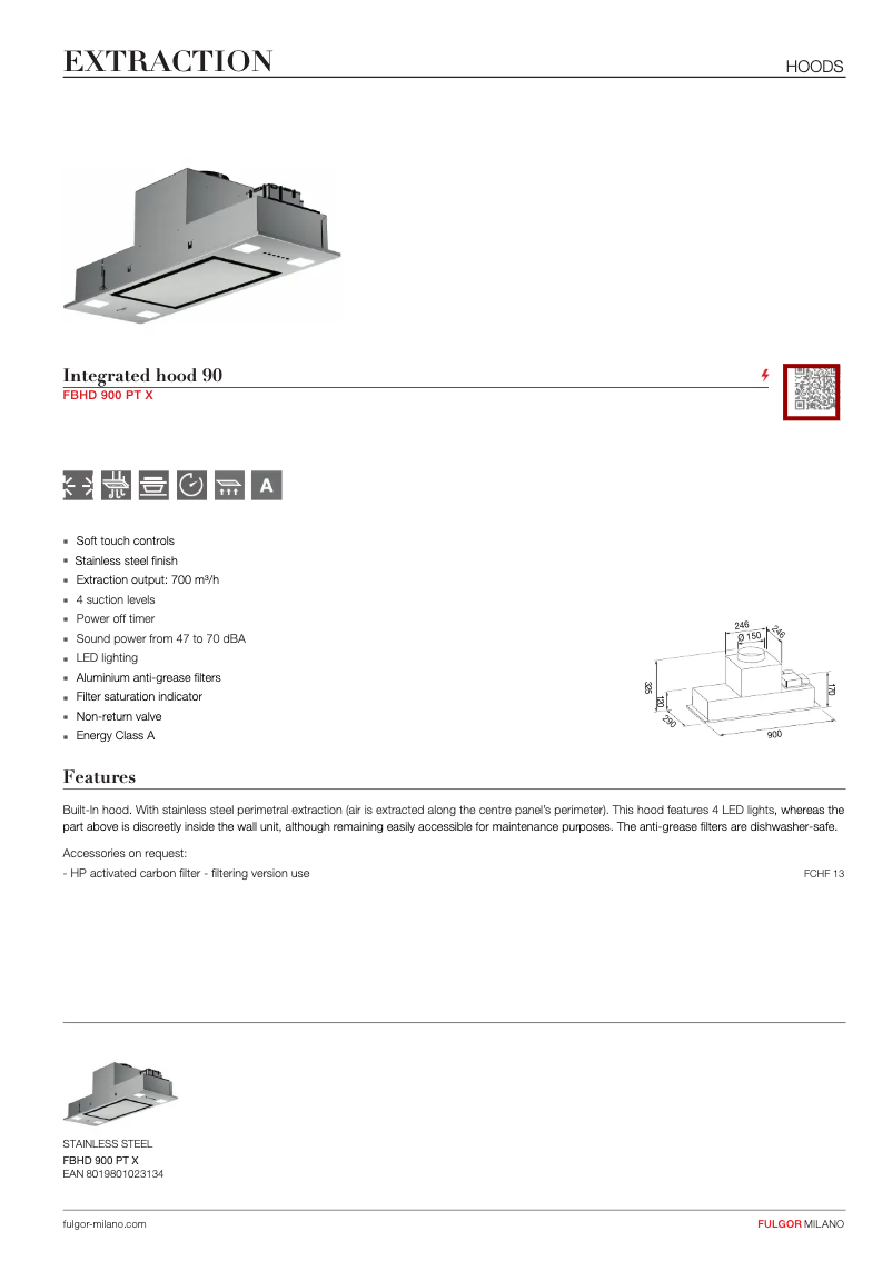 Page 1 de la notice Fiche technique Fulgor Milano FBHD 900 PT X