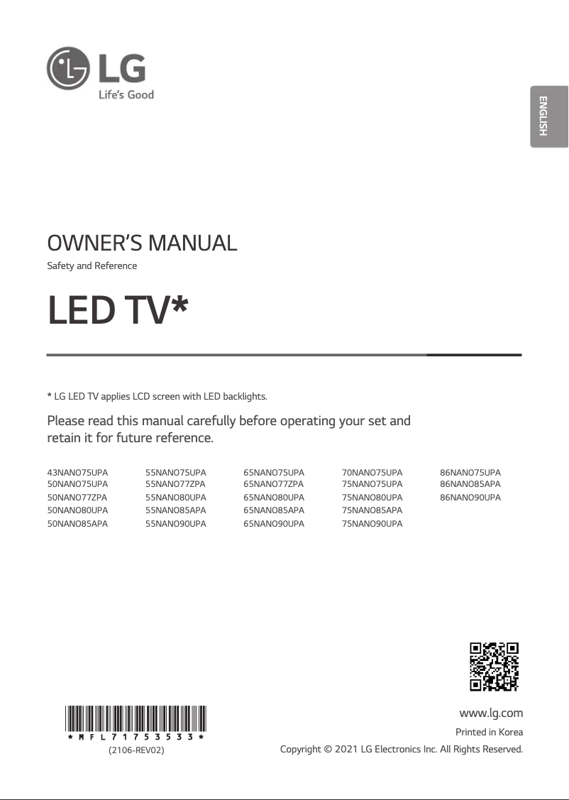 Page 1 de la notice Manuel utilisateur LG 55NANO80UPA