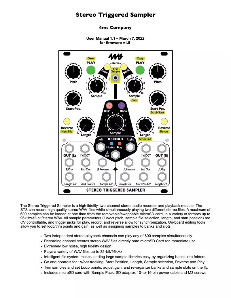 Page 1 de la notice Manuel utilisateur 4ms Stereo Triggered Sampler
