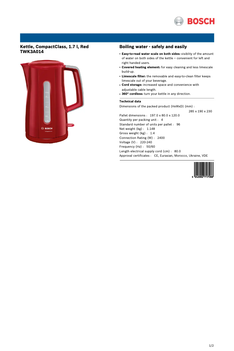 Page 1 de la notice Fiche technique Bosch TWK3A014