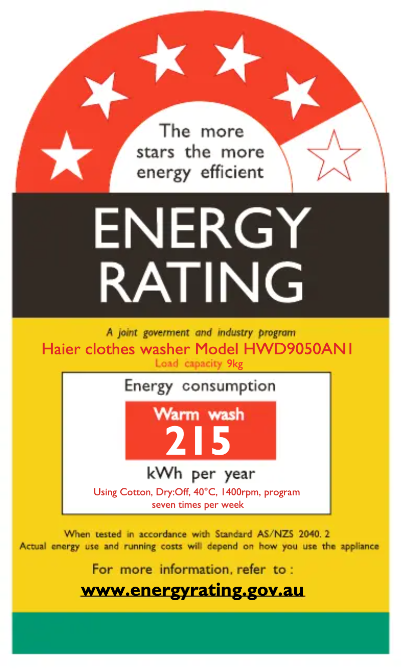Page 1 de la notice Label énergétique Haier HWD9050AN1