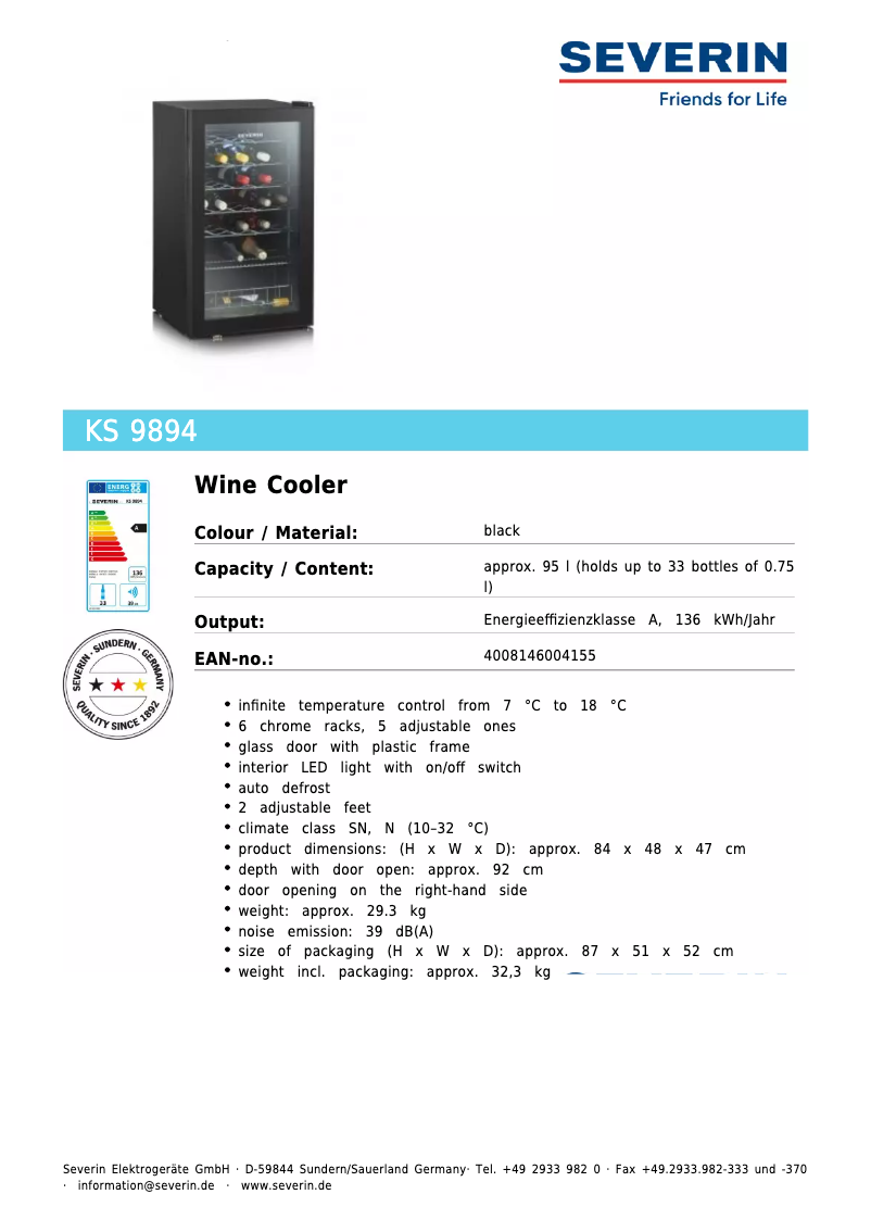 Page 1 de la notice Fiche technique Severin KS 9894