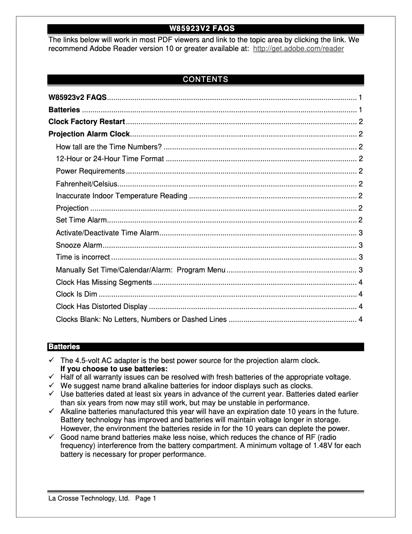 Page 1 de la notice FAQ La Crosse Technology W85923V2