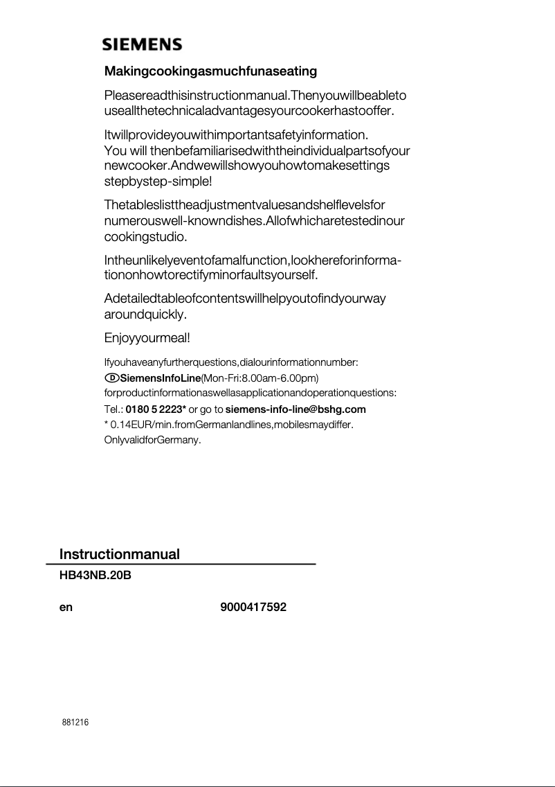 Page n°1 - Manuel utilisateur Siemens HB43NB620B