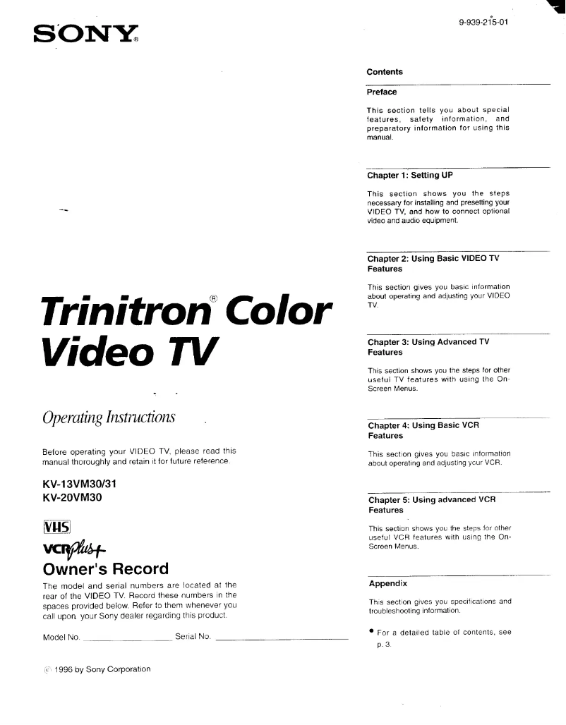 Page 1 de la notice Manuel utilisateur Sony KV-13VM30