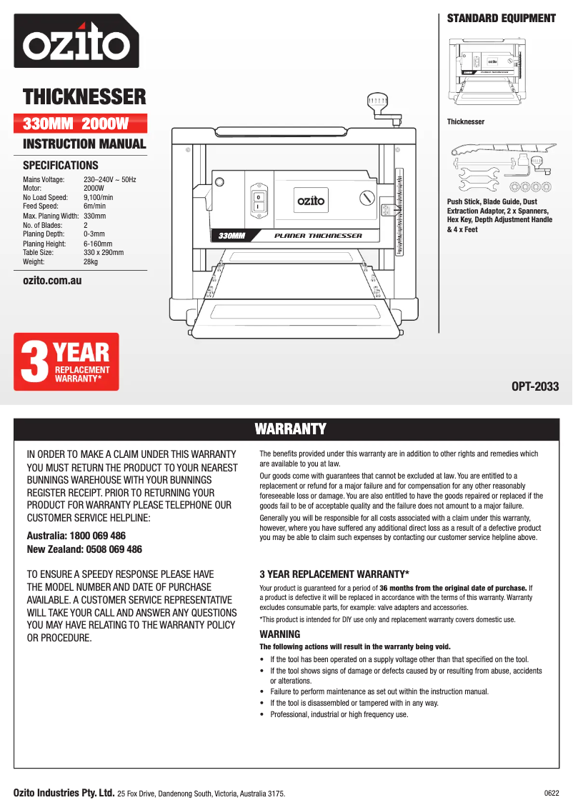 Page 1 de la notice Manuel utilisateur Ozito OPT-2033