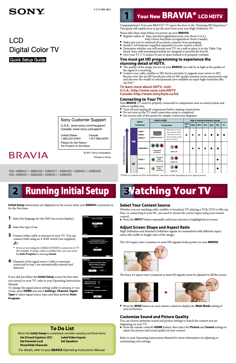 Page 1 de la notice Guide d'installation Sony Bravia KDL-46BX421