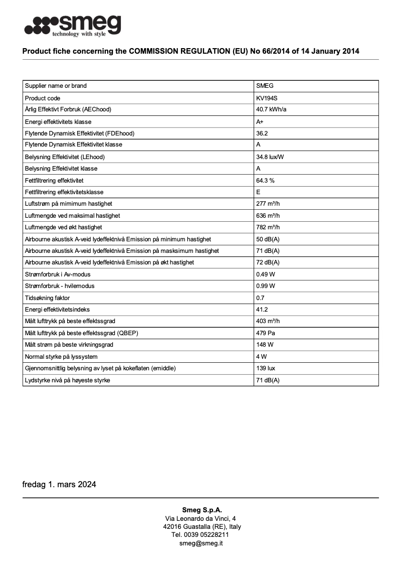 Page n°1 - Fiche technique Smeg KV194S