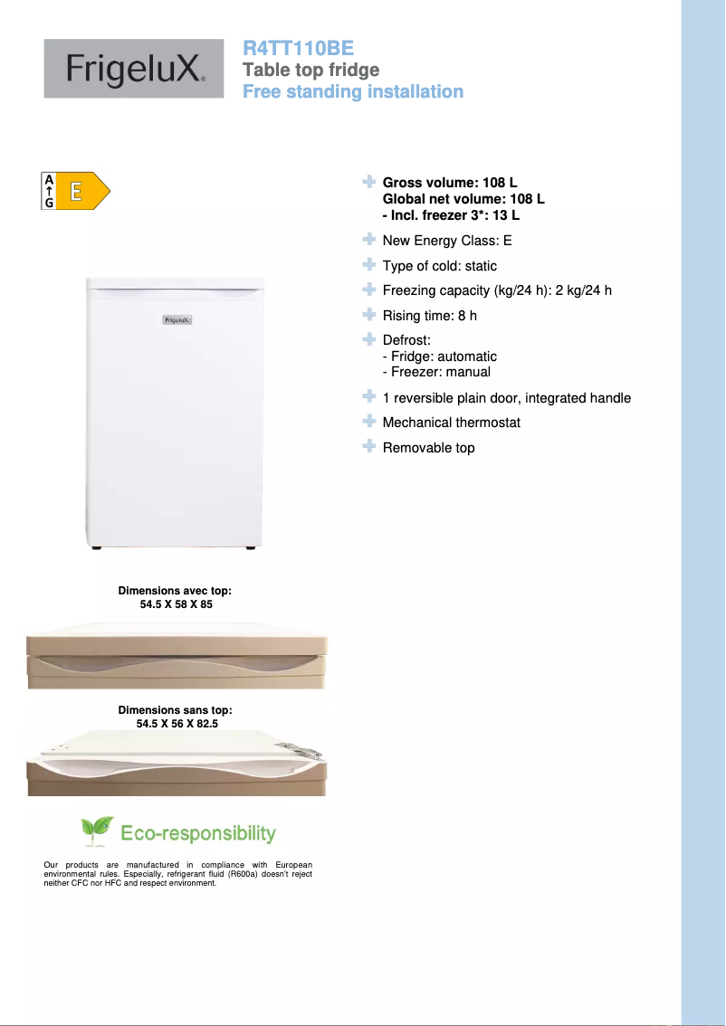 Página 1 del manual Ficha técnica FrigeluX R4TT110BE