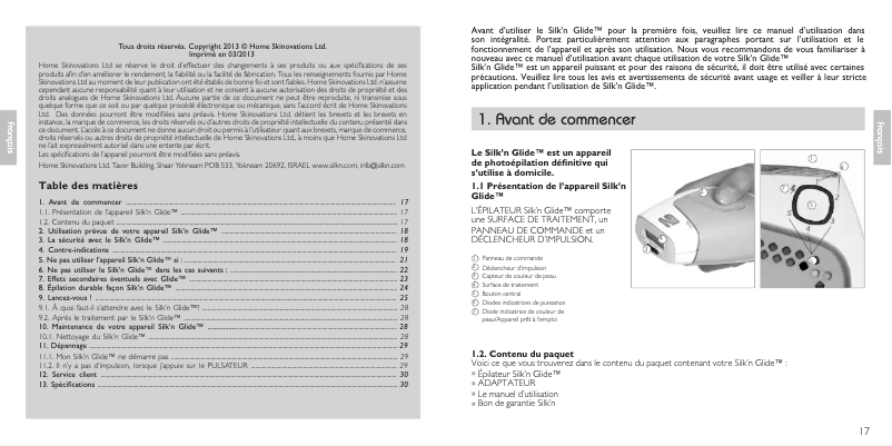 Page 1 de la notice Manuel utilisateur Silk'n Glide