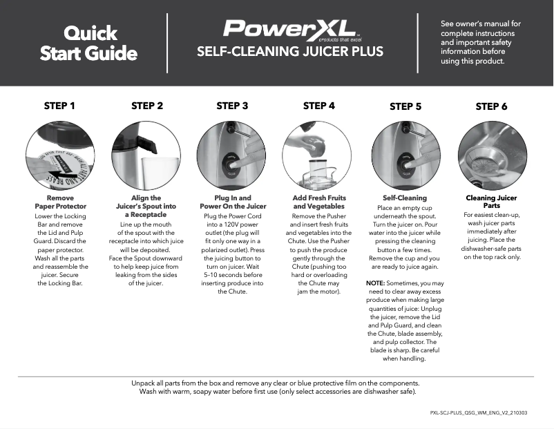 Page 1 de la notice Guide de démarrage rapide PowerXL Self-Cleaning Juicer Plus SHL90-SC