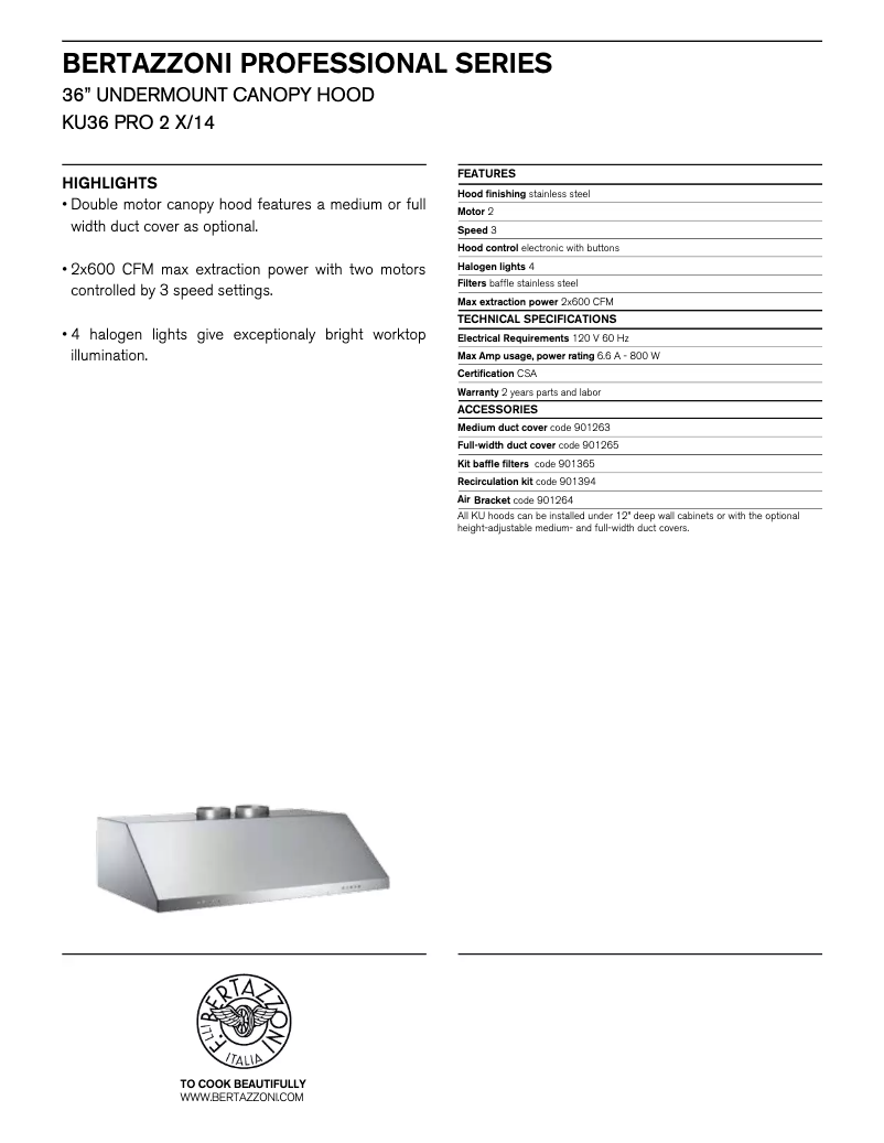 Page 1 de la notice Fiche technique Bertazzoni KU36PRO2X14