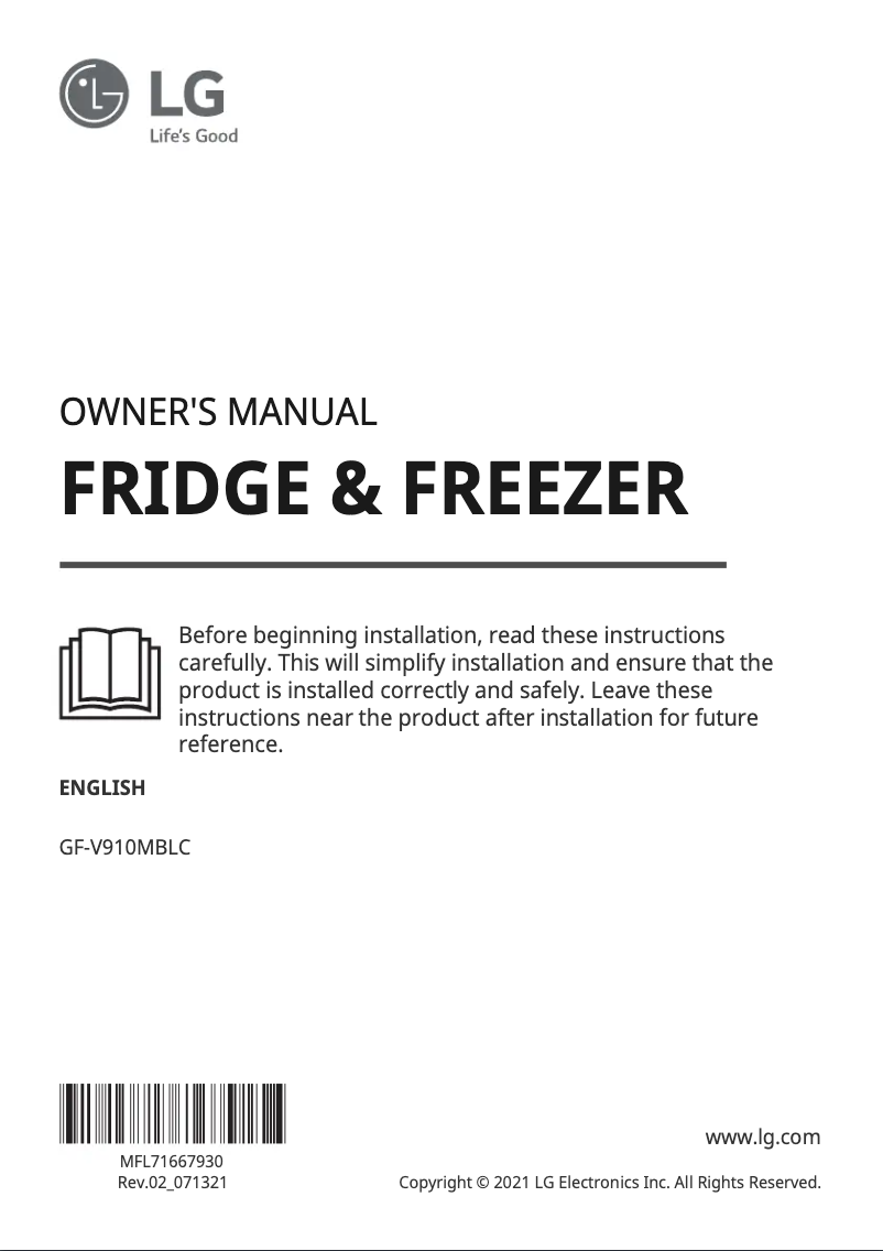 Page 1 de la notice Manuel utilisateur LG GF-V910MBLC