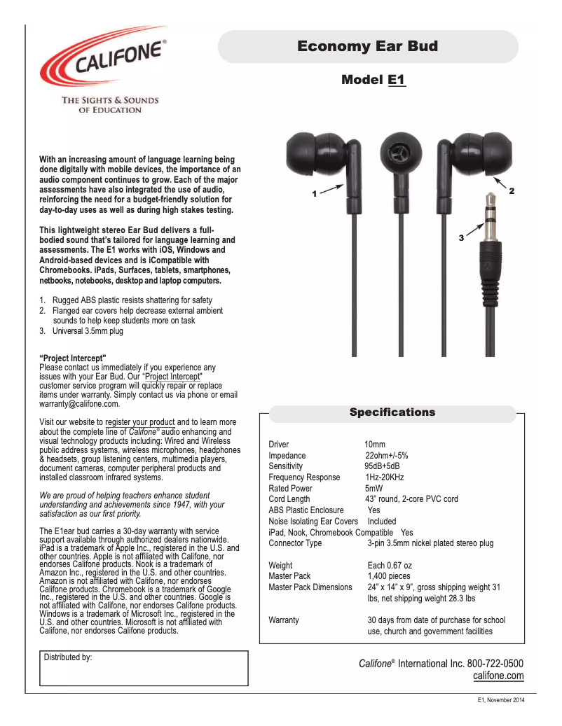 Page n°1 - Manuel utilisateur Califone E1