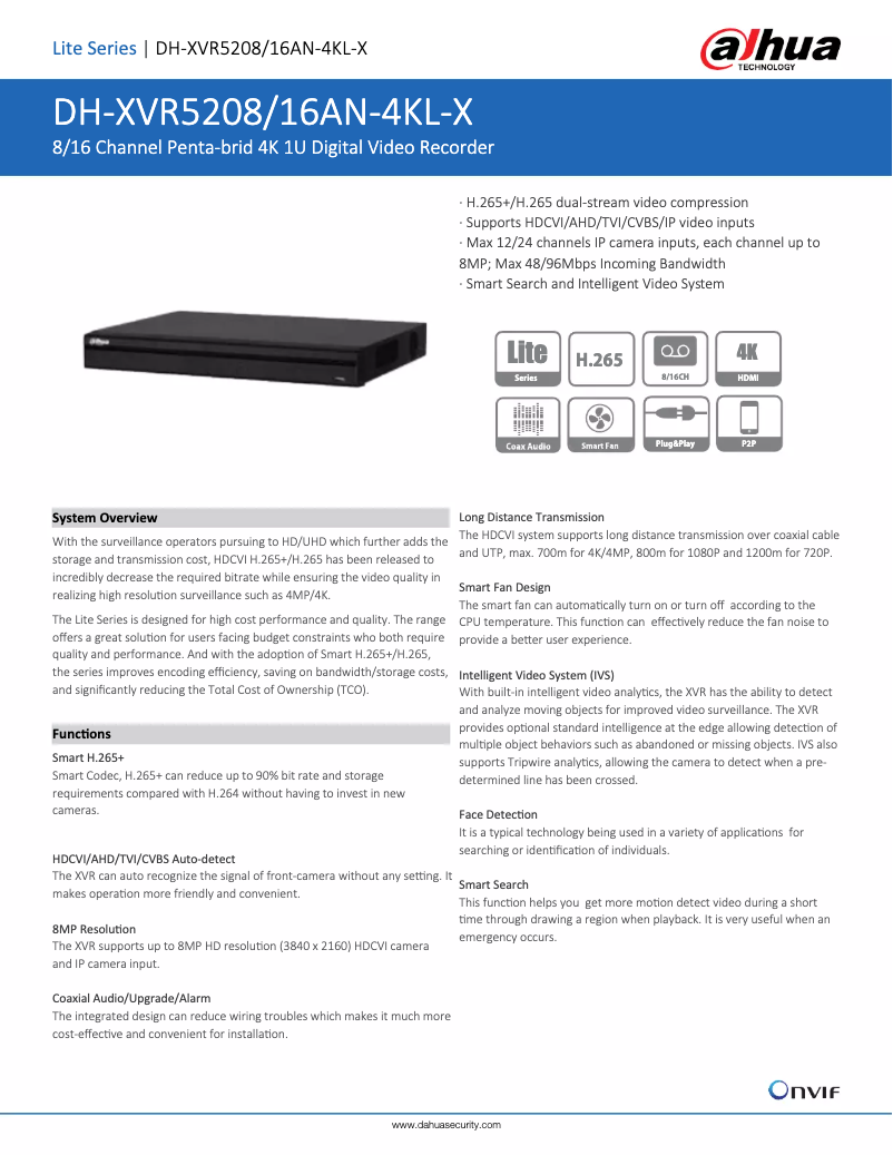 Page n°1 - Fiche technique Dahua Technology XVR5208/16AN-4KL-X