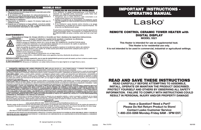 Page 1 de la notice Manuel utilisateur Lasko 5521