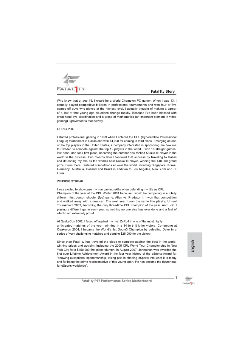 Page 1 de la notice Manuel utilisateur Asrock Fatal1ty P67 Performance