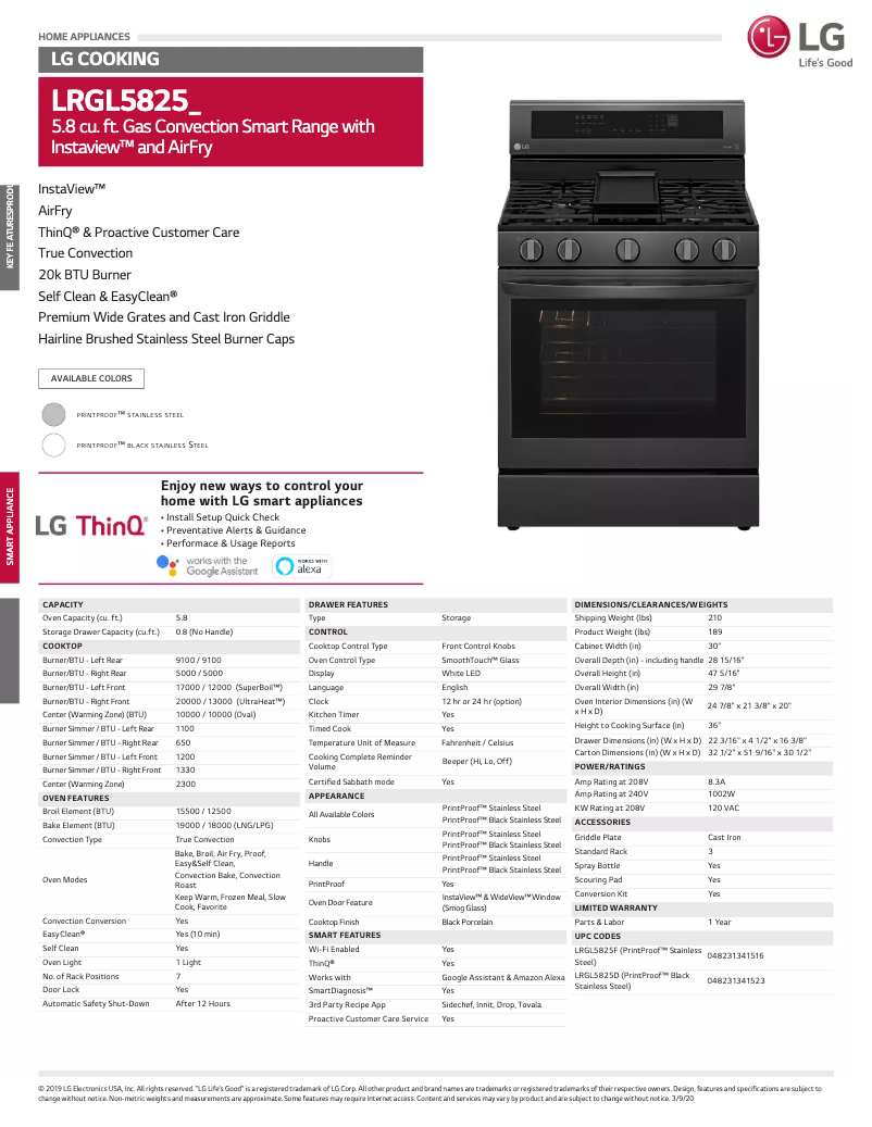 Page 1 de la notice Fiche technique LG LRGL5825D