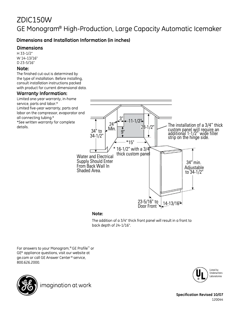 Page 1 de la notice Fiche technique GE ZDIC150WBB