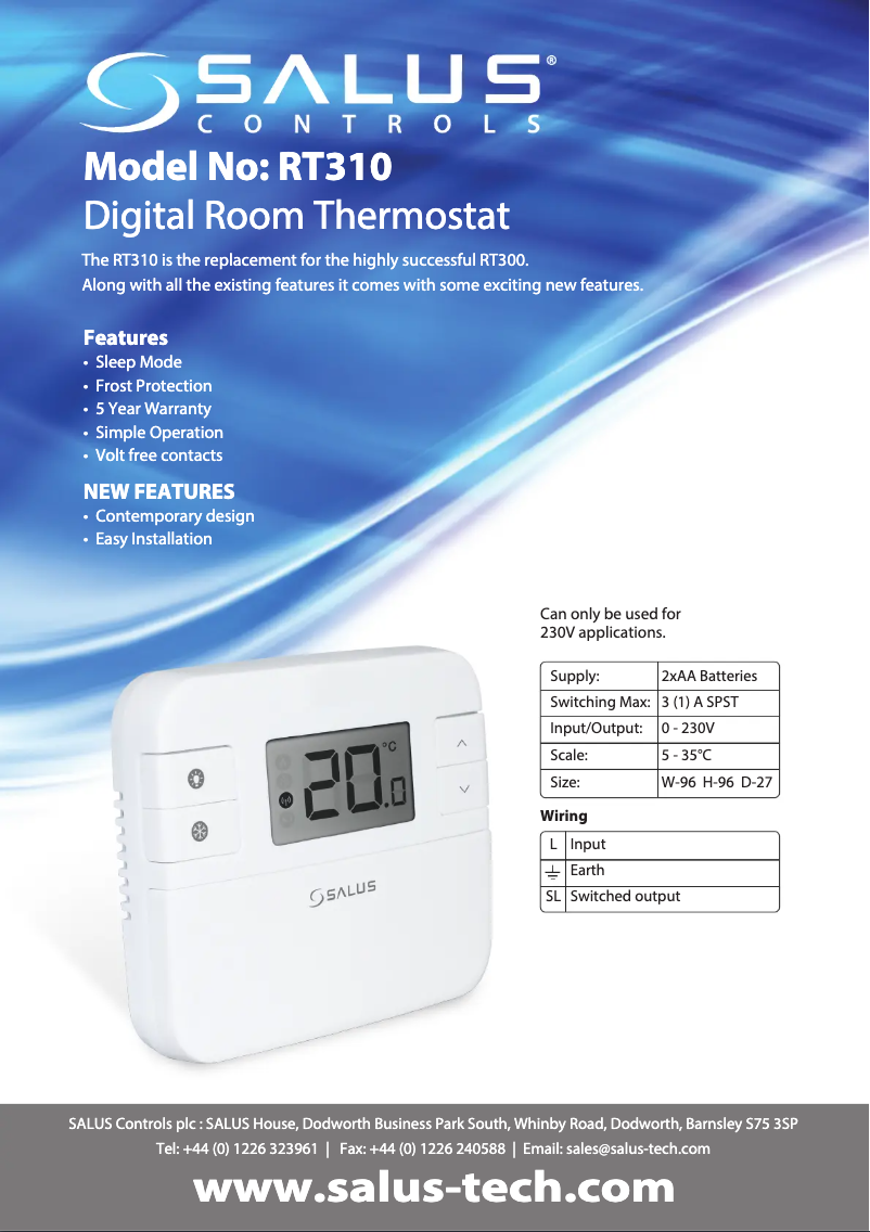 Page 1 de la notice Fiche technique Salus RT310