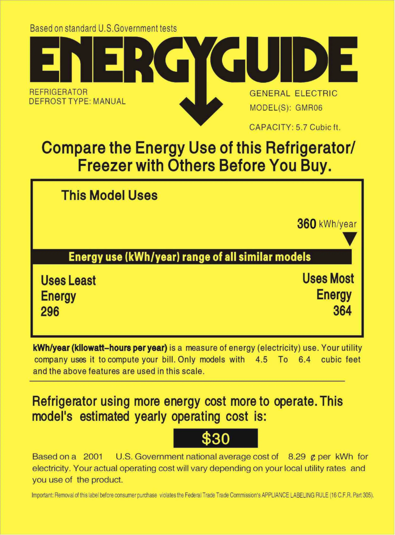 Page 1 de la notice Label énergétique GE GMR06AAMWW