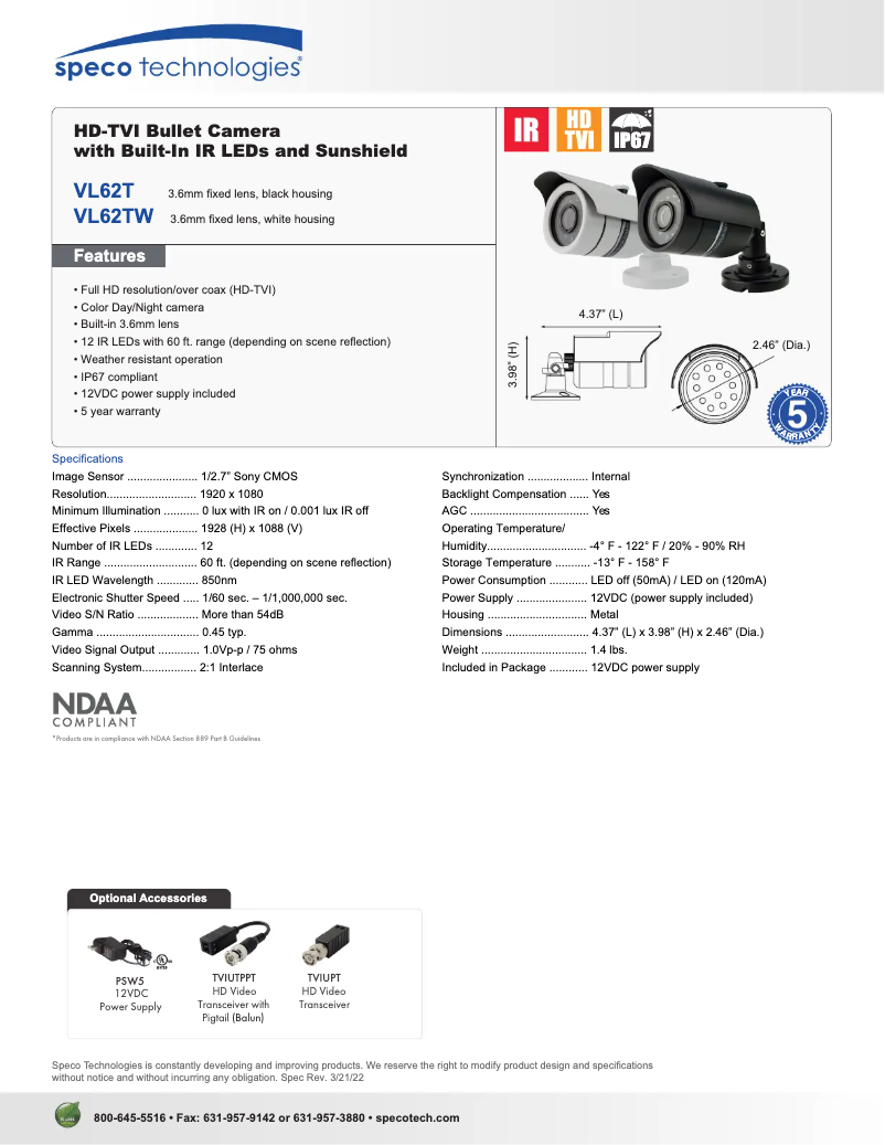 Page 1 de la notice Fiche technique Speco Technologies VL62T