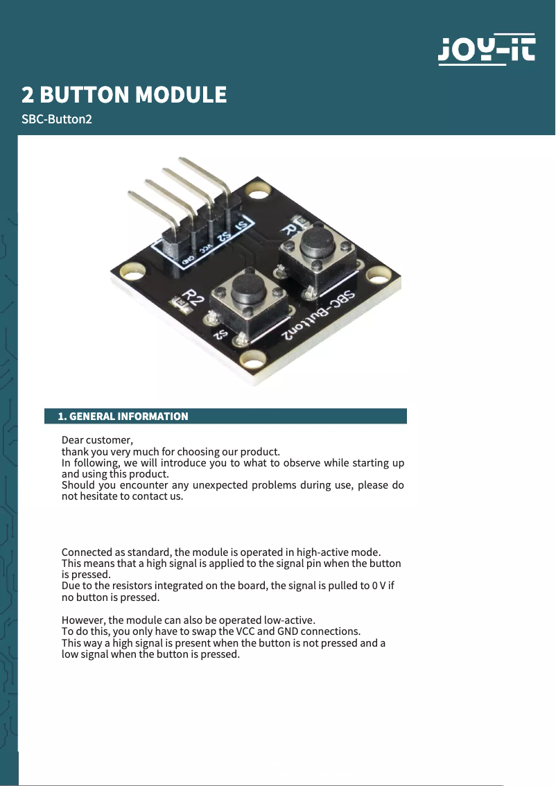 Page n°1 - Manuel utilisateur Joy-It SBC-Button2