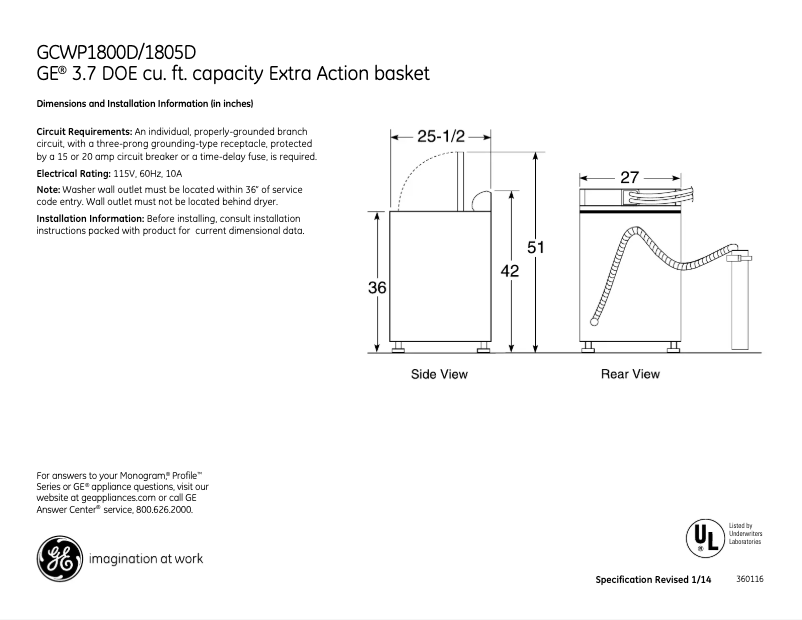 Página 1 del manual Ficha técnica GE GCWP1800DWW