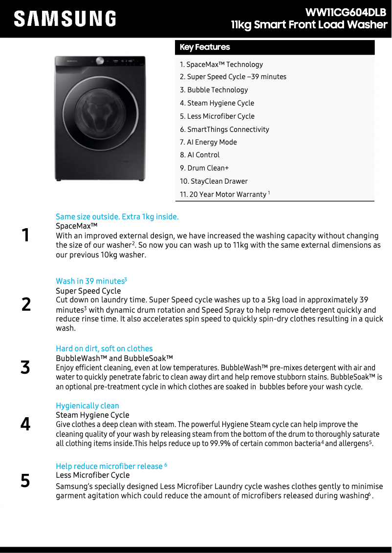 Page 1 de la notice Fiche technique Samsung WW11CG604DLB