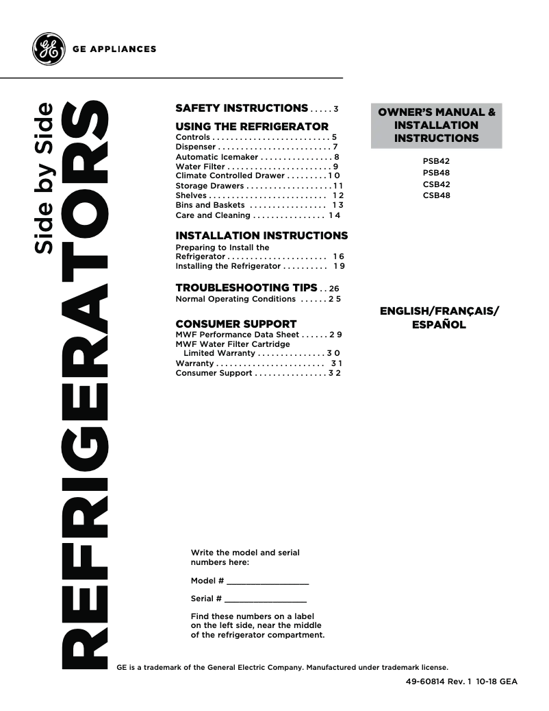 Page n°1 - Manuel d'utilisation et d'entretien GE Café CSB42WSKSS
