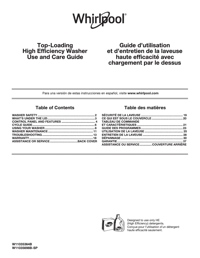 Page n°1 - Manuel d'utilisation et d'entretien Whirlpool WTW4955HW
