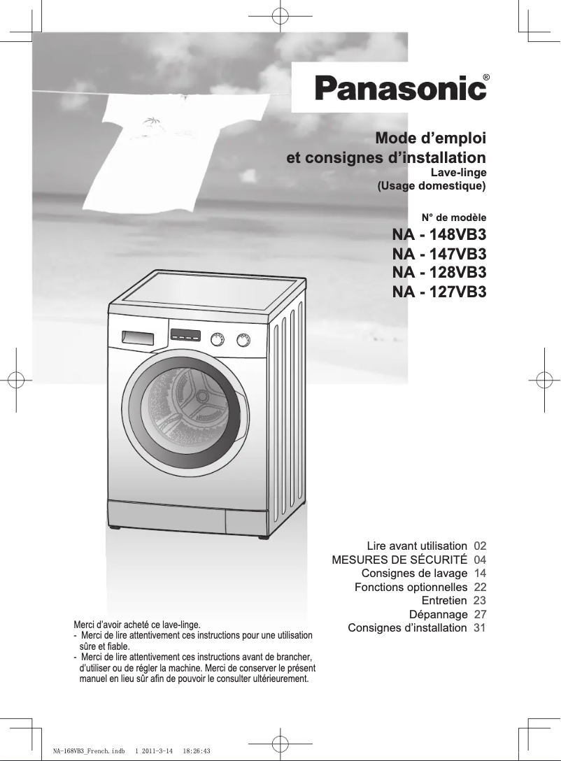 Page 1 de la notice Manuel utilisateur Panasonic NA-148VB3