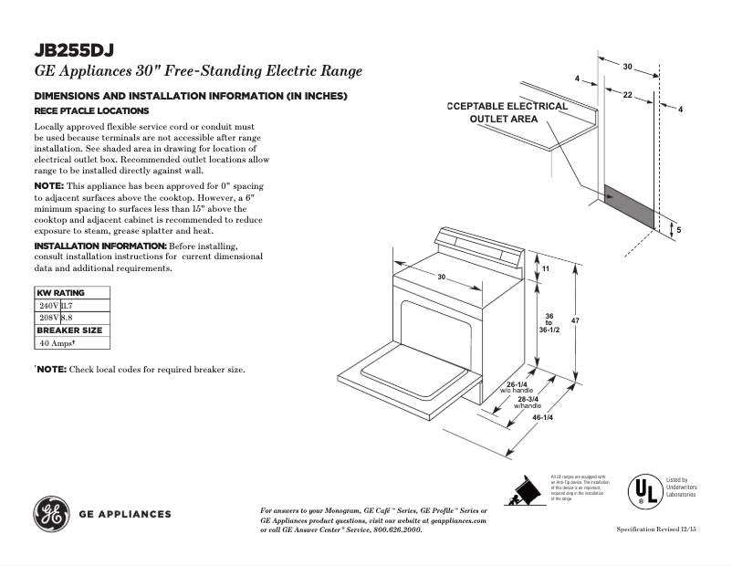 Page n°1 - Fiche technique GE JB255DJWW