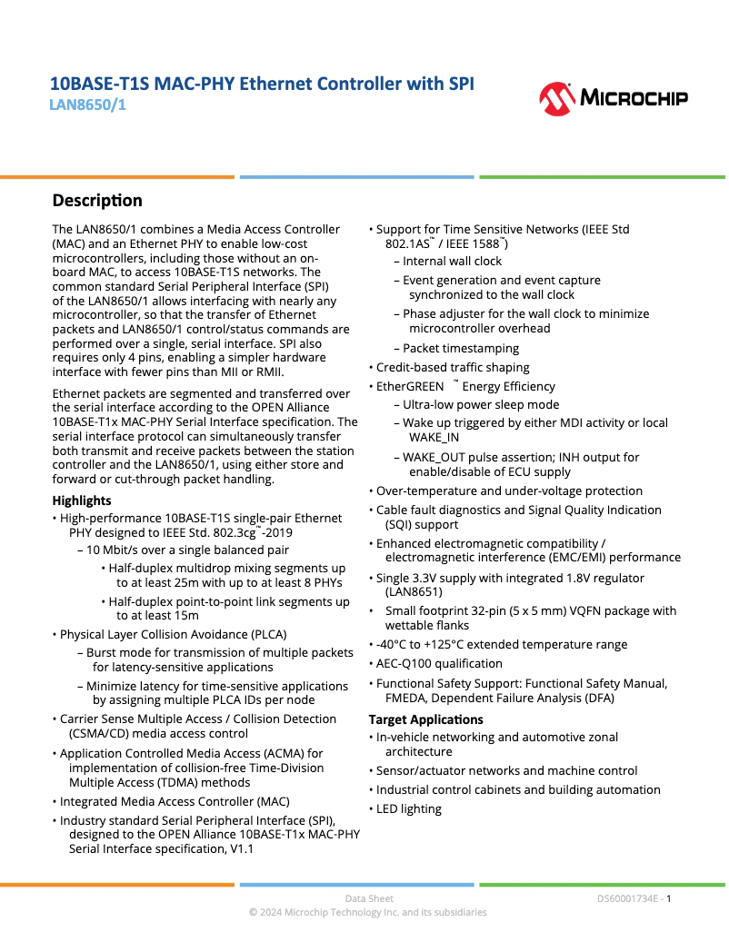 Page 1 de la notice Fiche technique Microchip LAN8651