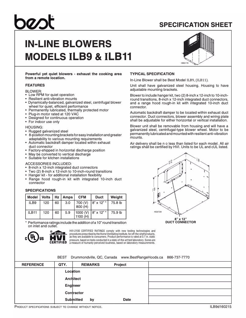 Page 1 de la notice Fiche technique Best ILB11