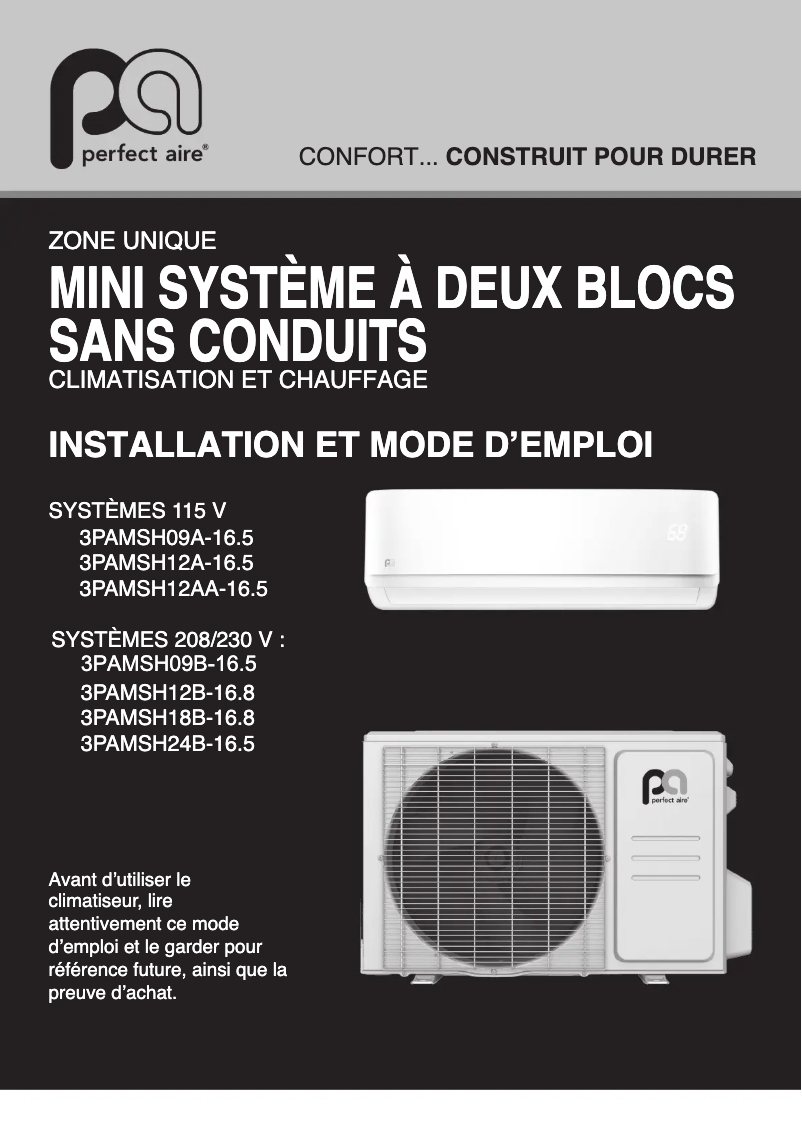 Page 1 de la notice Manuel utilisateur Perfect Aire 3PAMSH12A-16.5