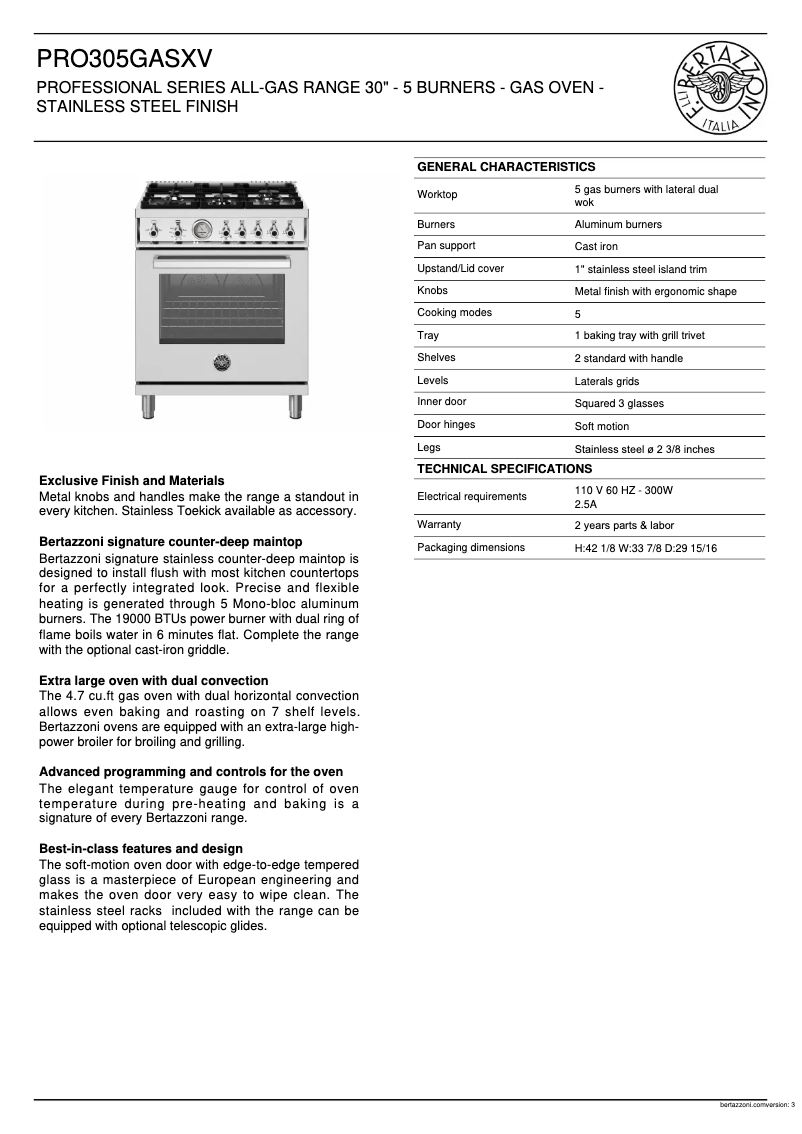 Page 1 de la notice Fiche technique Bertazzoni PRO305GASXV