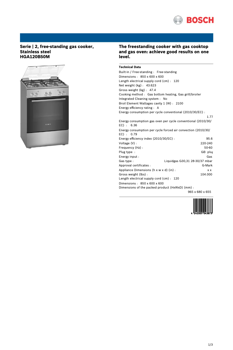 Página 1 del manual Ficha técnica Bosch HGA120B50M