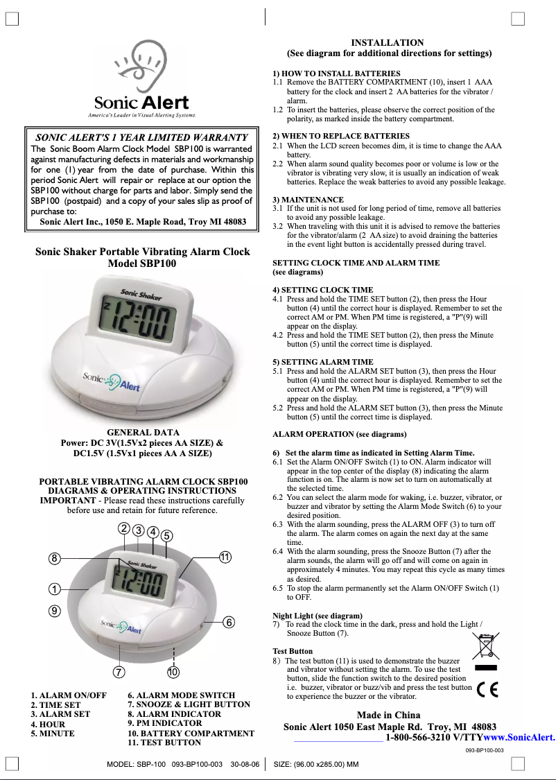 Page n°1 - Manuel utilisateur Sonic Alert SBP100