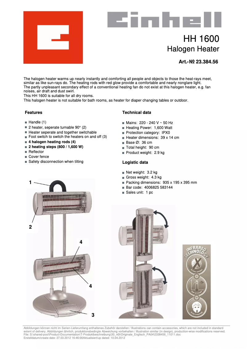 Page 1 de la notice Manuel utilisateur Einhell HH 1600