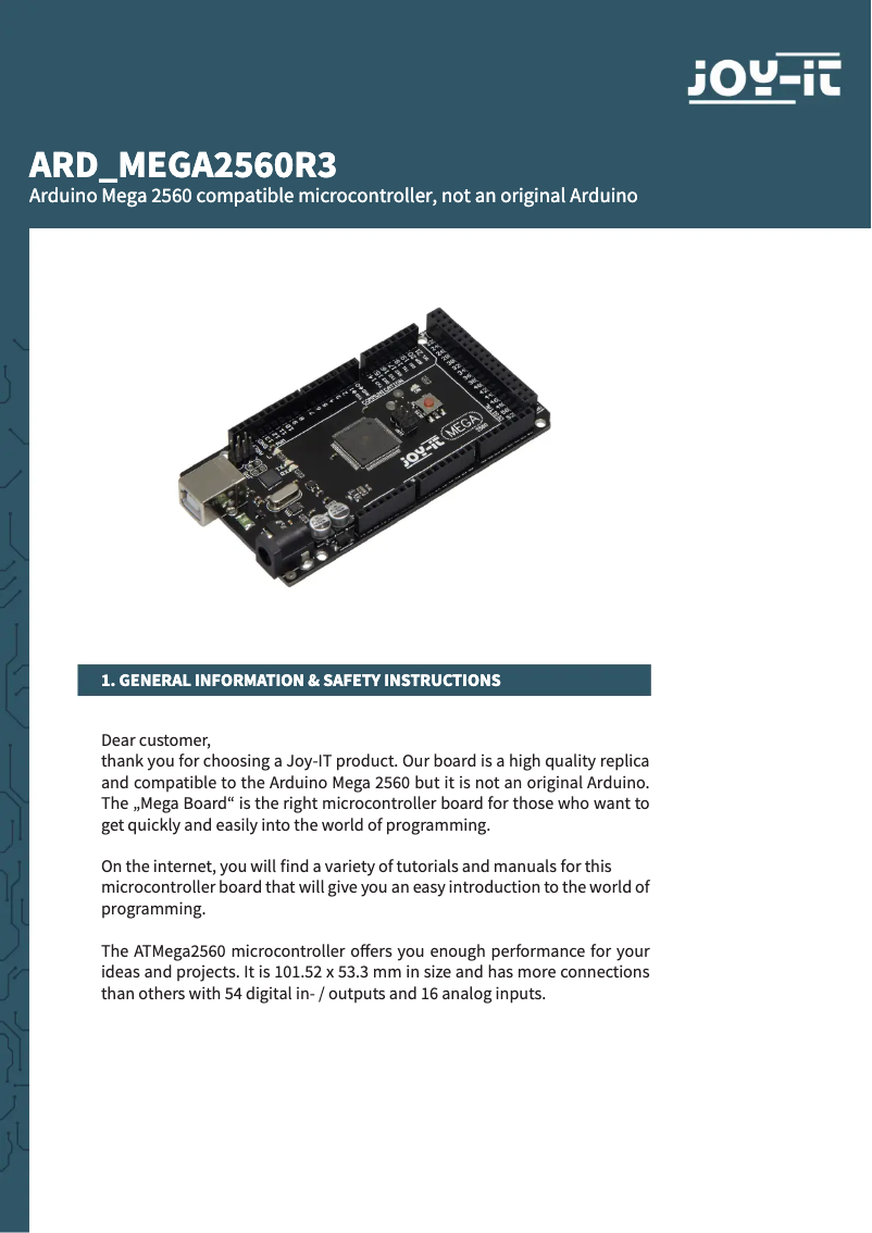 Page n°1 - Manuel utilisateur Joy-It ARD MEGA2560R3