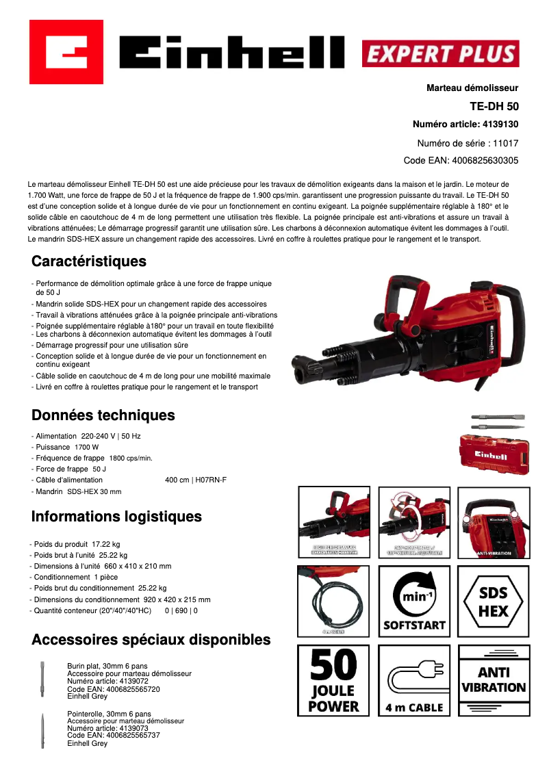 Page 1 de la notice Fiche technique Einhell TE-DH 50