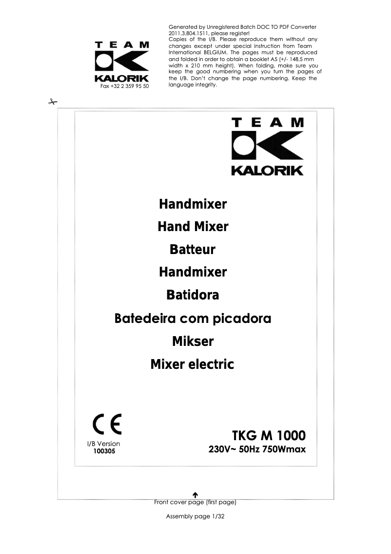 Image de la première page du manuel de l'appareil TKG M 1000