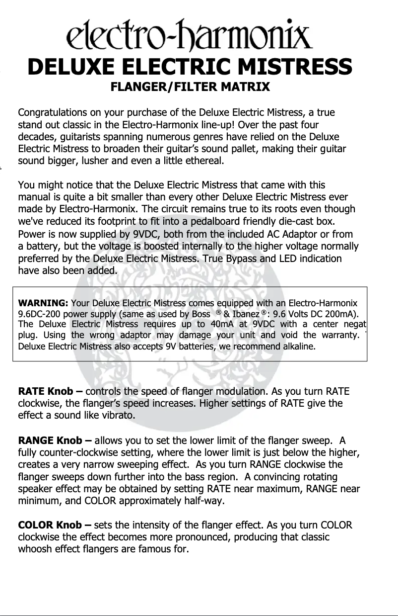 Page n°1 - Manuel utilisateur Electro Harmonix Deluxe Electric Mistress